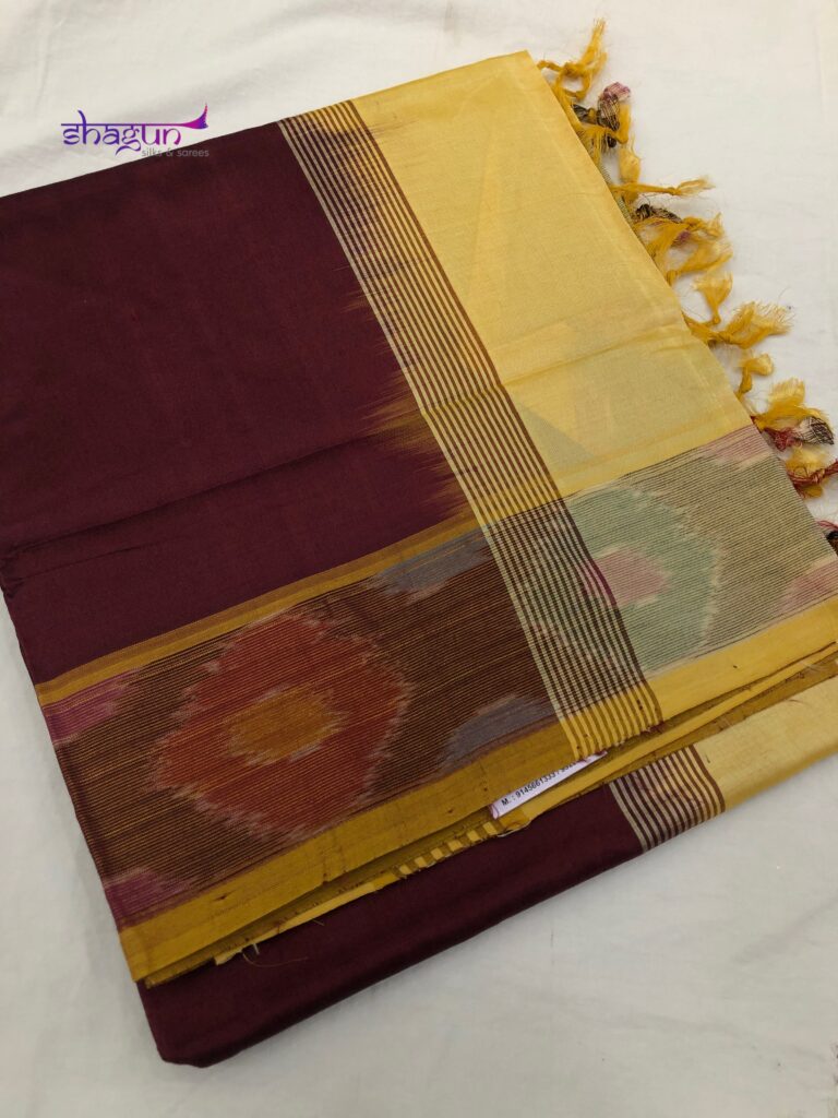 Coffee By Cream Plain Pochampally Border Saree