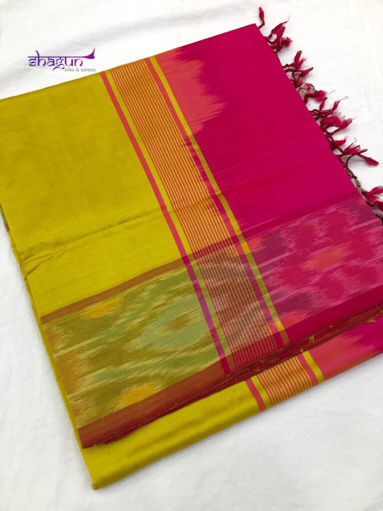 Lemon Yellow By Pink Plain Pochampally Border Saree