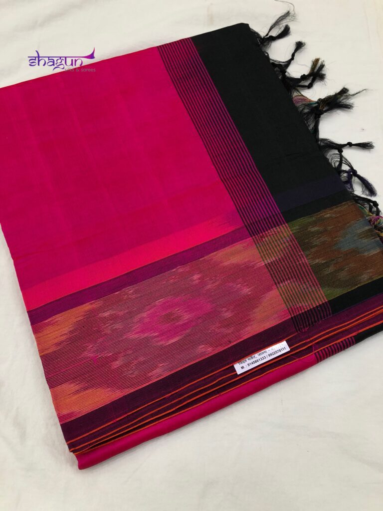 Pink By Black Plain Pochampally Border Saree