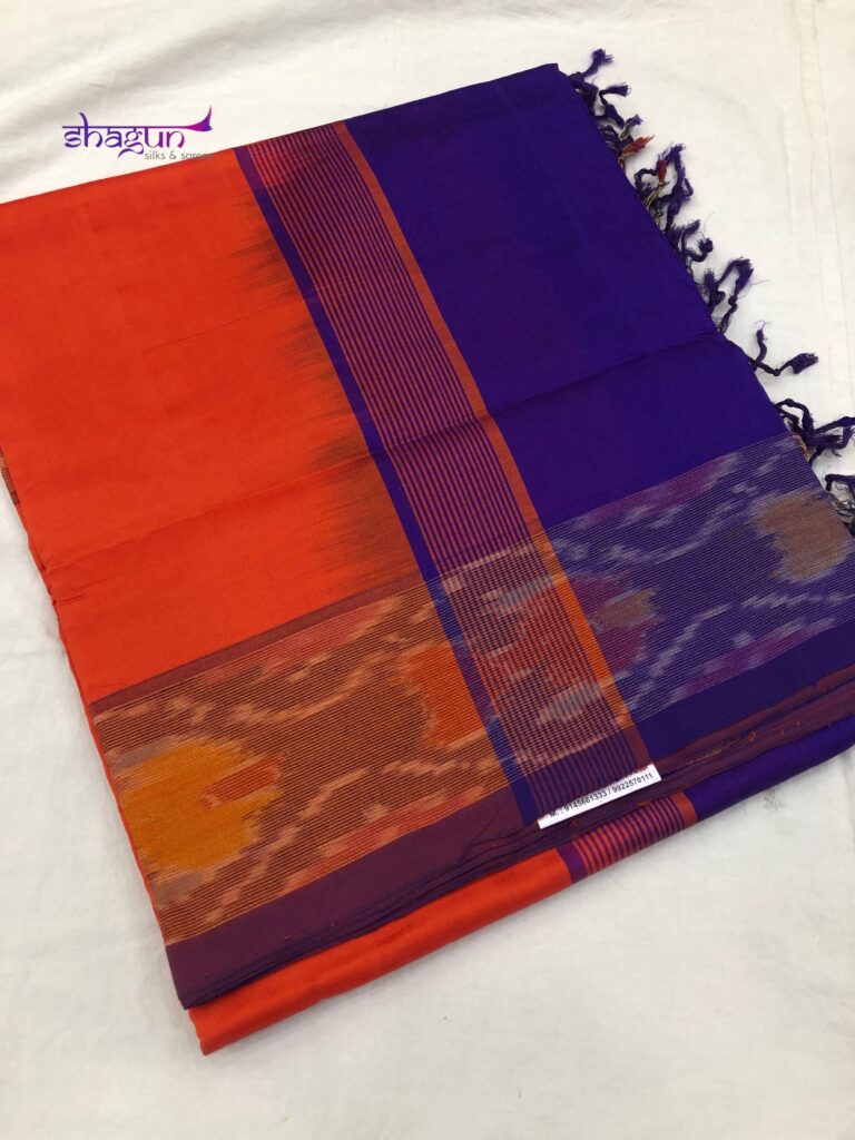 Orange By Blue Plain Pochampally Border Saree