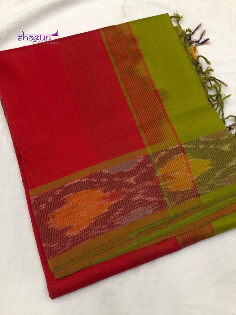 Red By Mehendi Green Plain Pochampally Border Saree
