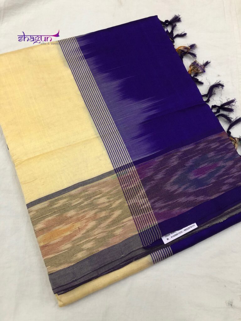 Cream By Blue Plain Pochampally Border Saree
