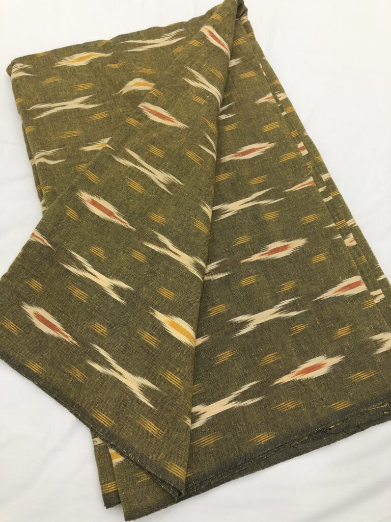 Mehendi Yellow Brown Abstract Handloom Ikkat Fabric