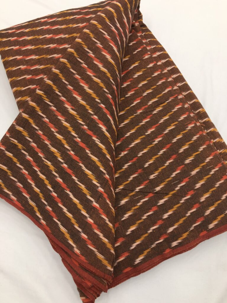 Brown Mustard Red Handloom Ikkat Fabric