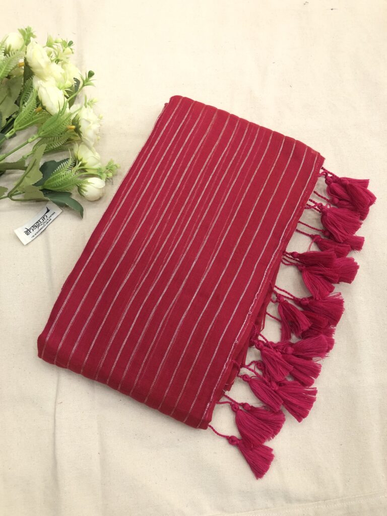 Hot Pink Silver Zari Lines Mulmul Saree