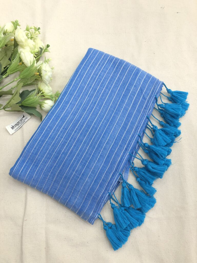 Olympic Blue Silver Zari Lines Mulmul