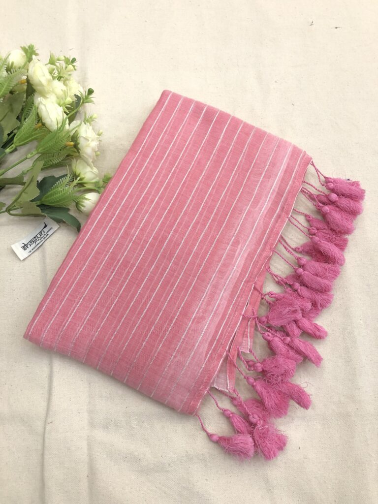 Pink Silver Zari Lines Mulmul Saree