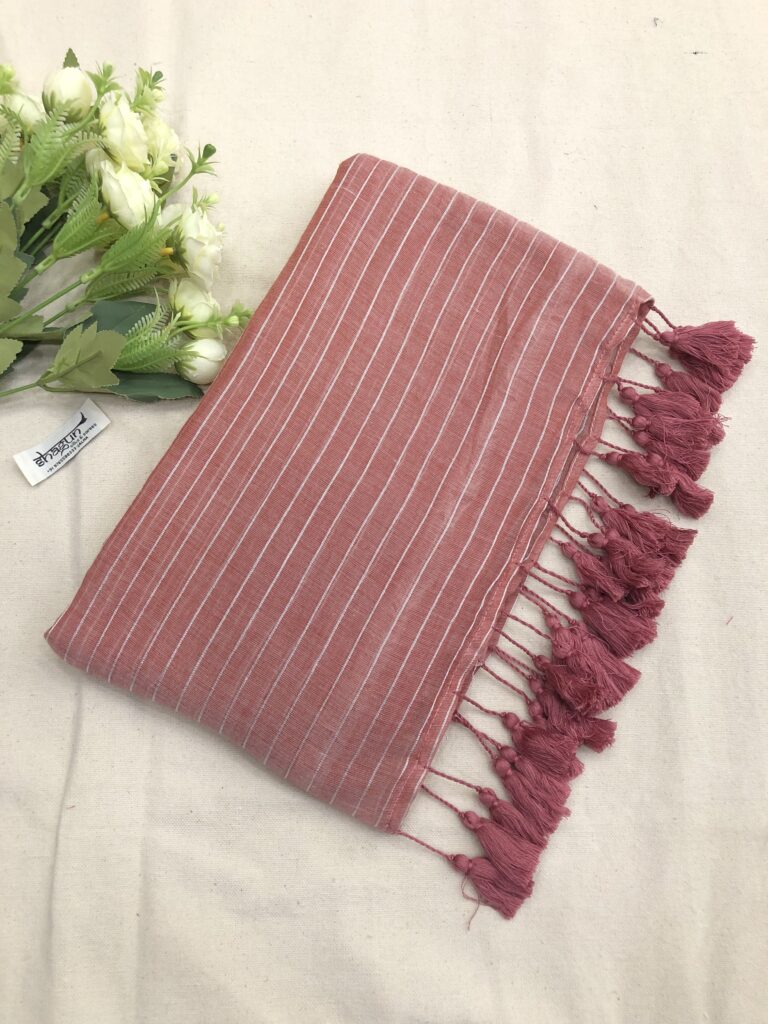 Onion Peach Silver Zari Lines Mulmul Saree