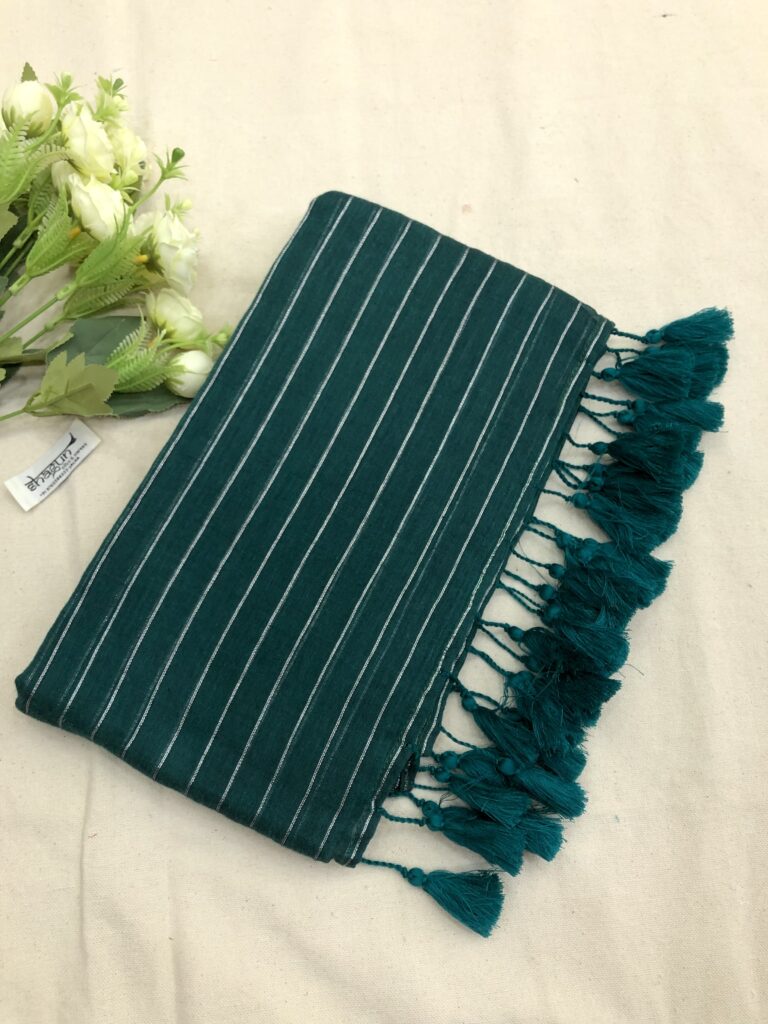 Rama Green Silver Zari Lines Mulmul Saree