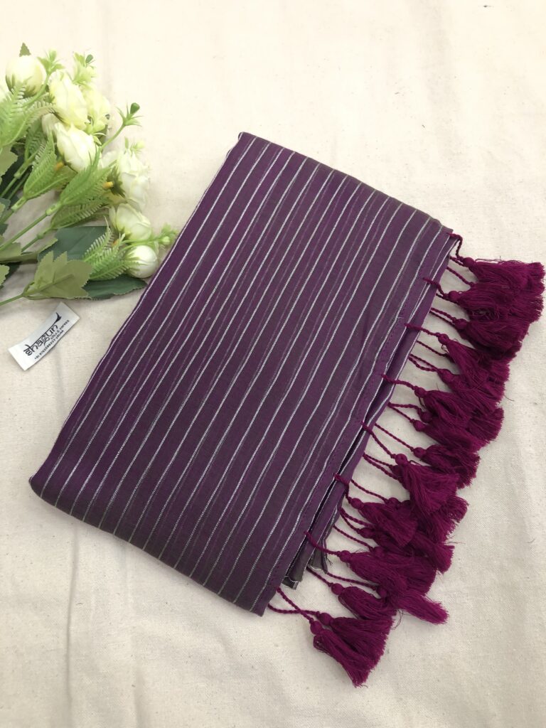 Anjeri Purple Silver Zari Lines Mulmul Saree