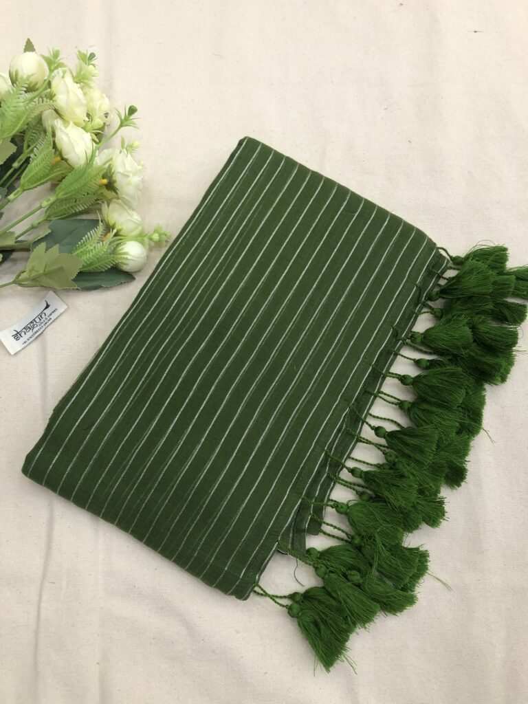 Olive Green Silver Zari Lines Mulmul Saree