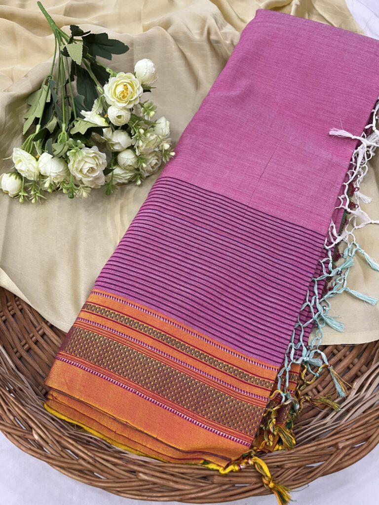 Pink Orange Both Side Stripe Ilkal Cotton Saree