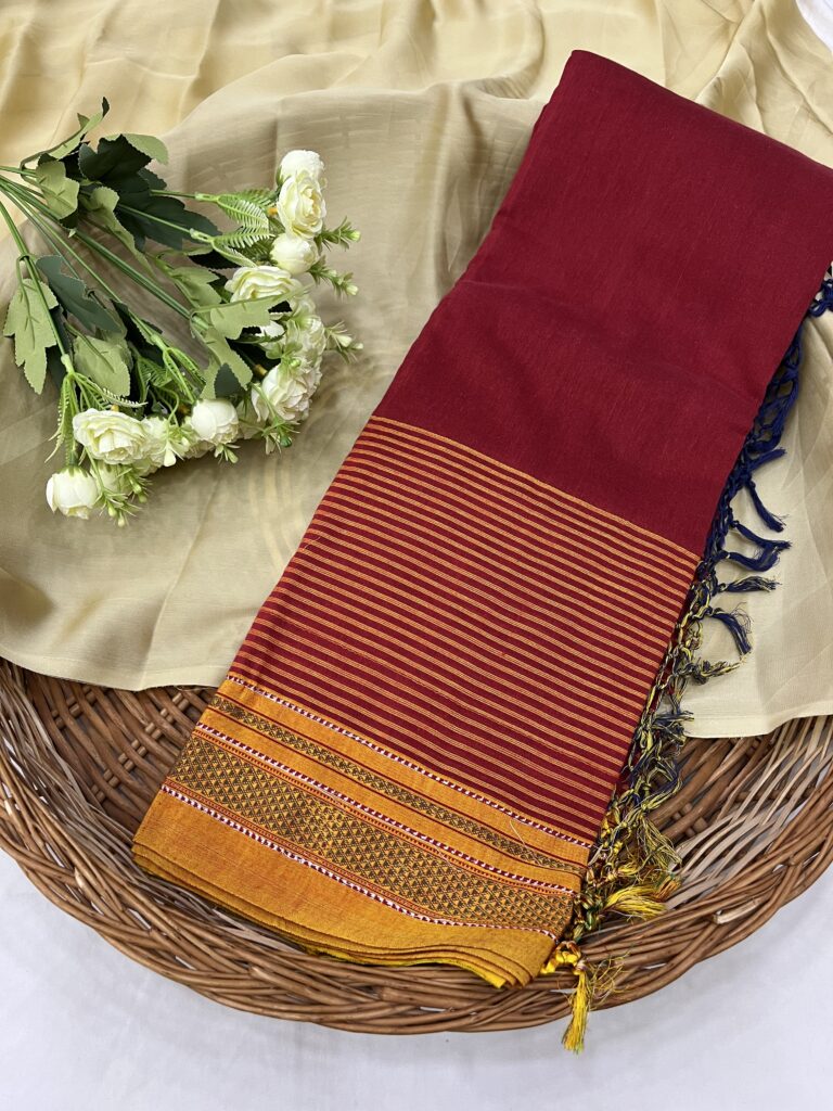 Red Yellow Both Side Stripe Ilkal Cotton Saree