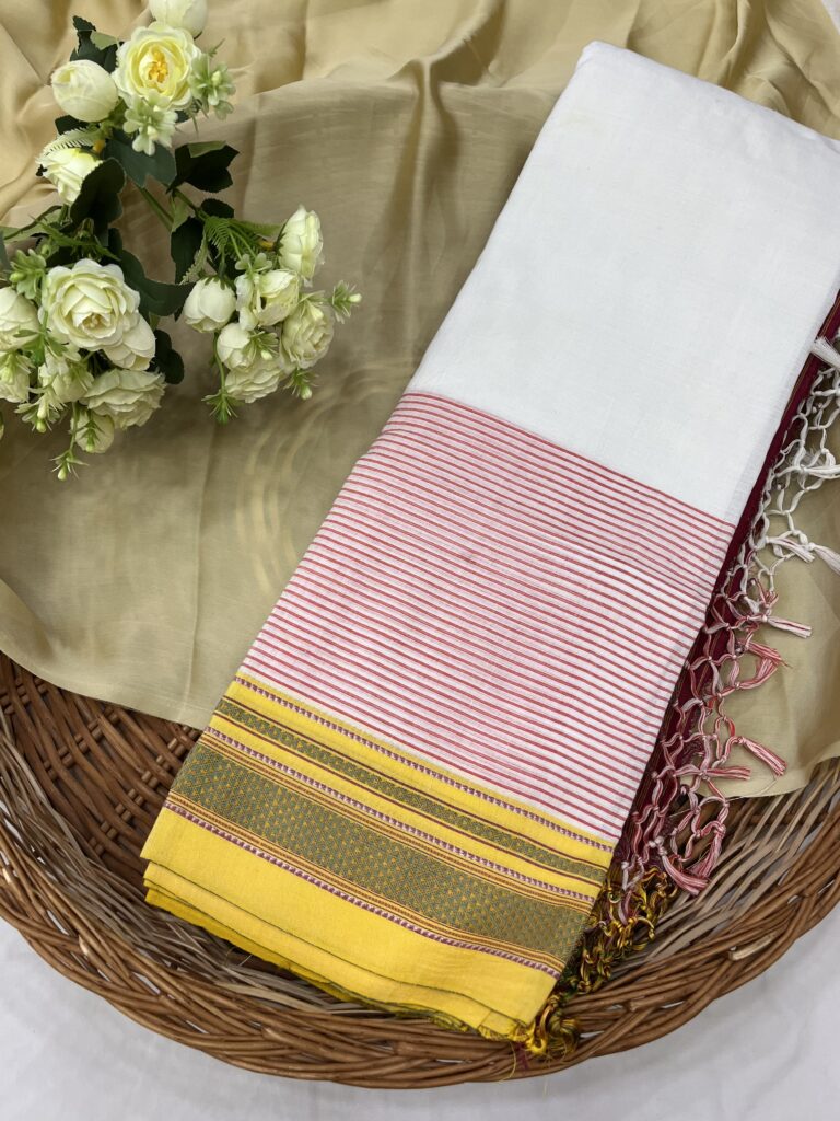 White Yellow Red Stripe Ilkal Cotton Saree