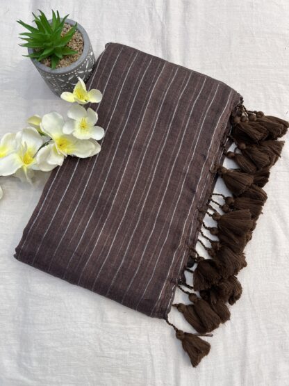 Mud Brown Zari Lines Mulmul Saree