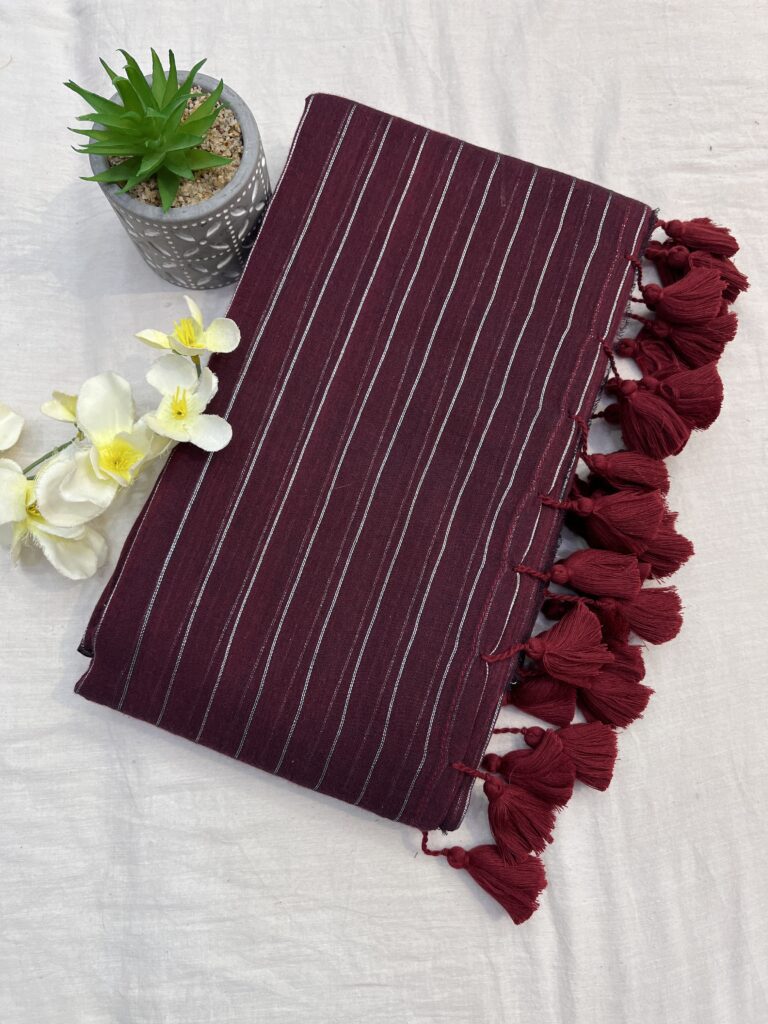 Maroon Zari Lines Mulmul Saree
