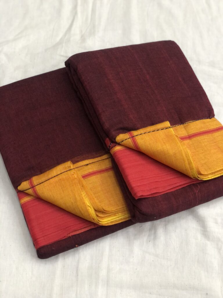 Red/Yellow-Maroon Plain Patteda Anchu Saree