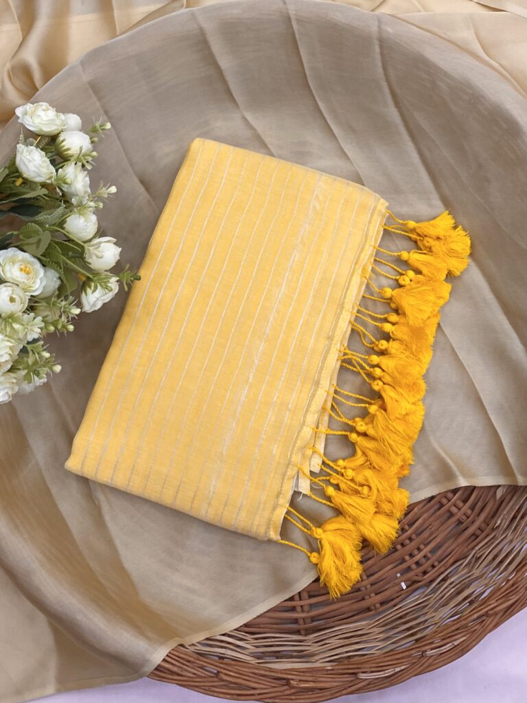 Butter Yellow Silver Zari Lines Mulmul