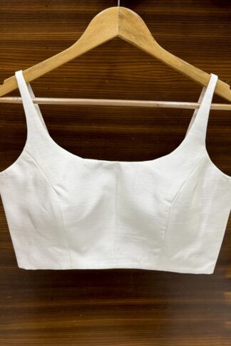 White princess-cut blouse with deep scoop neckline front and back