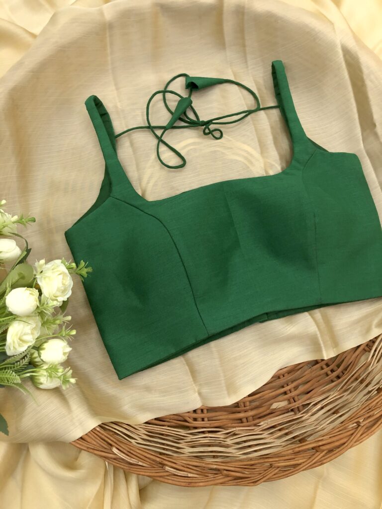 Green Thin Strap Basic Raw Silk Blouse