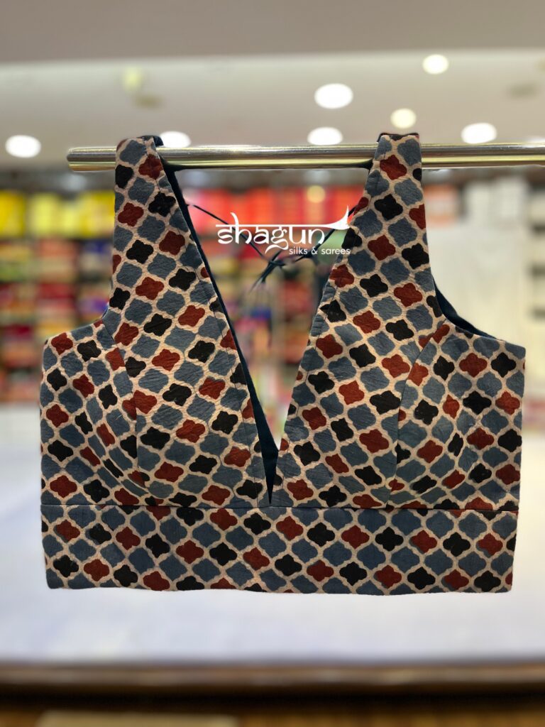 Brown Blue Ajrakh Print V Neck Belt Blouse