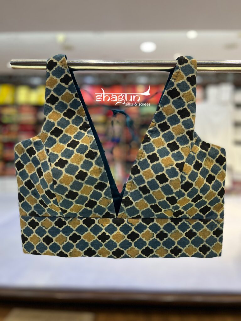 Mustard Blue Ajrakh Print V Neck Belt Blouse