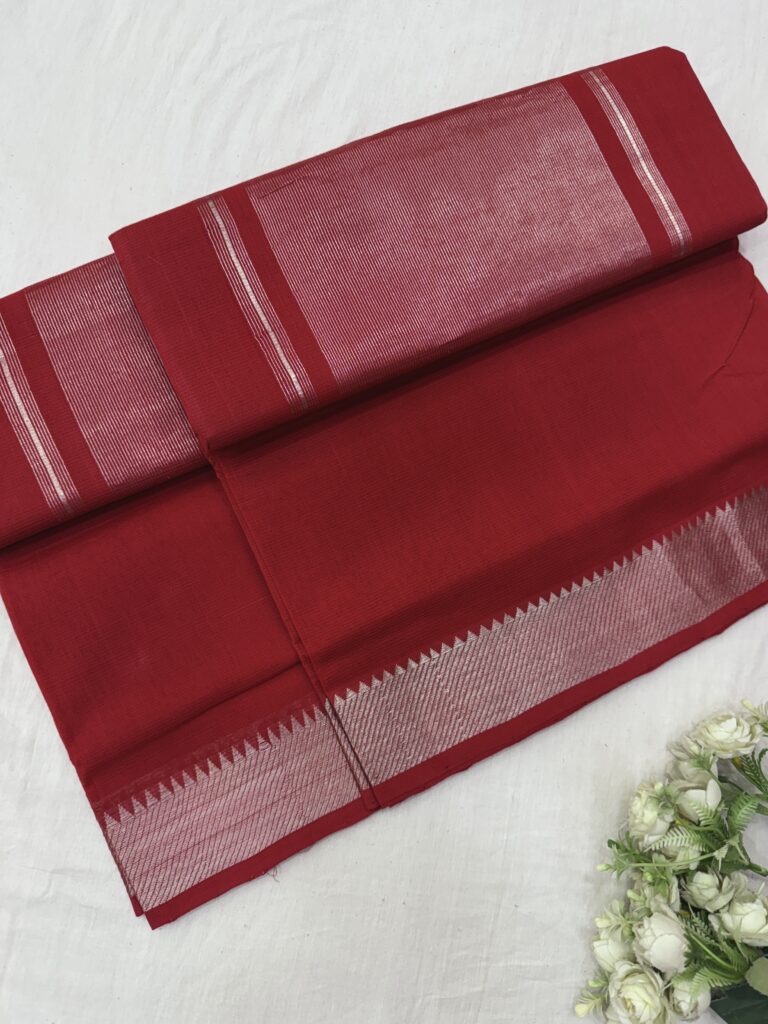 Red Silver Border Mangalgiri Cotton Saree