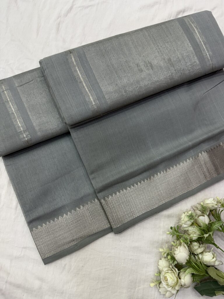 Grey Silver Border Mangalgiri Cotton Saree
