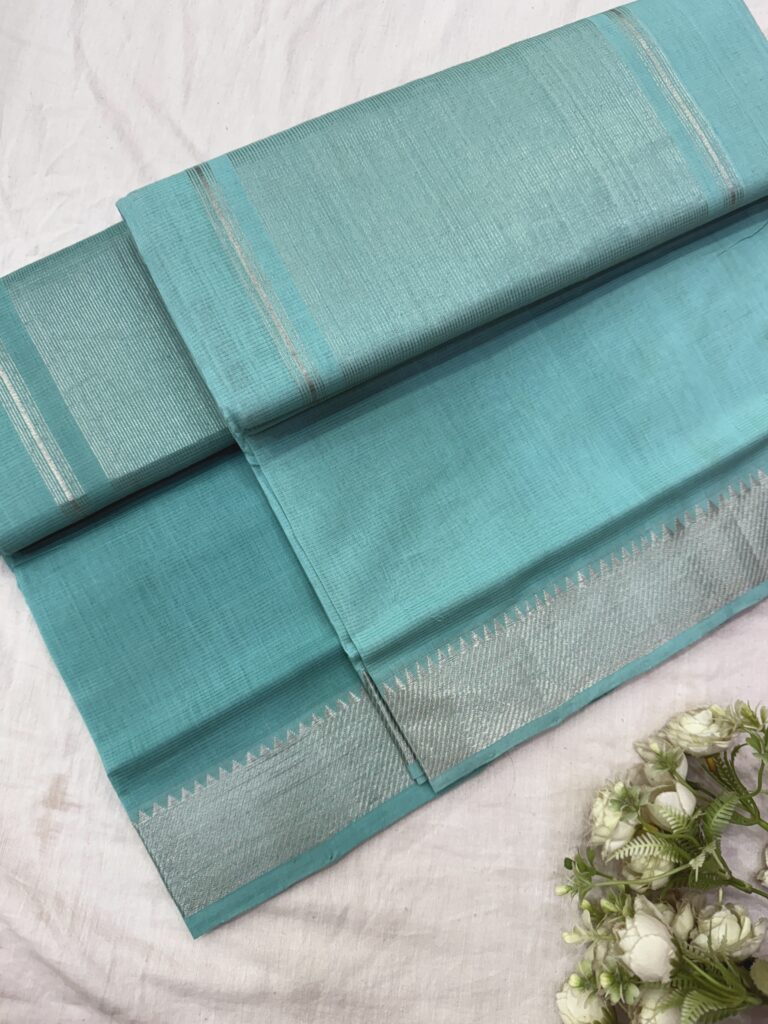Aqua Silver Border Mangalgiri Cotton Saree