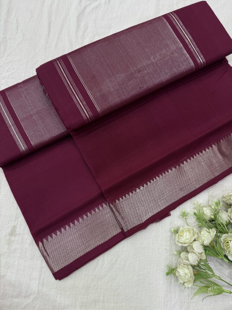 Rosewood Silver Border Mangalgiri Cotton Saree