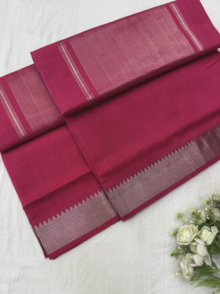 Pink Silver Border Mangalgiri Cotton Saree