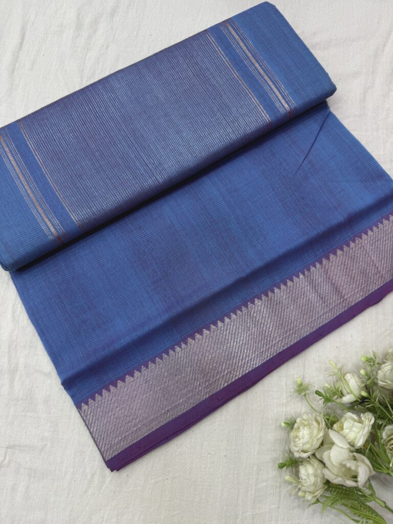 Lavender Blue Silver Border Mangalgiri Cotton Saree