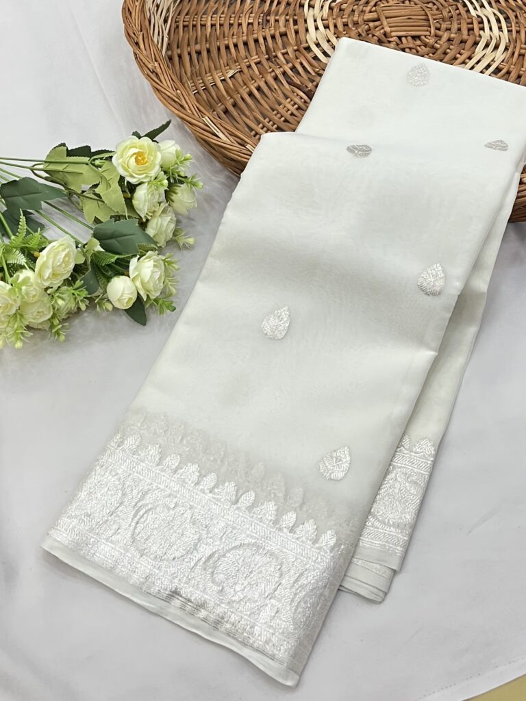 White Banarasi Chiffon Khaddi Saree