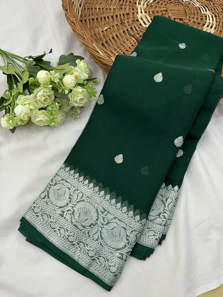 Bottle Green Banarasi Chiffon Khaddi Saree