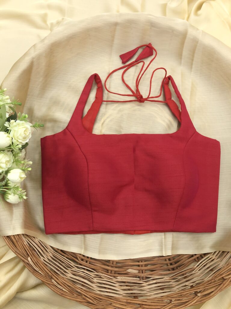 Red With Hot Pink Thin Strap Basic Raw Silk Blouse