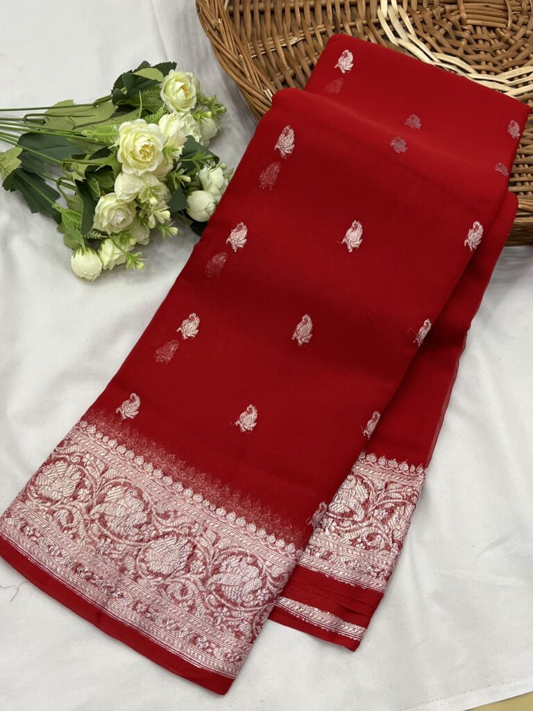 Red Banarasi Chiffon Khaddi Saree