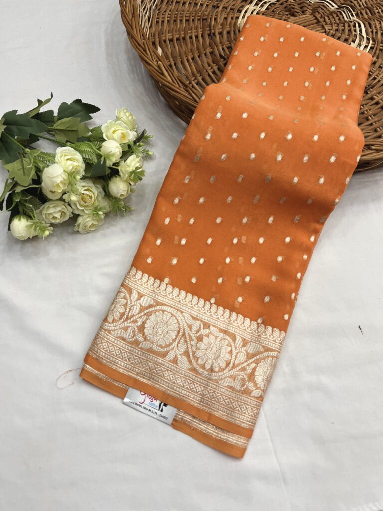 Muskmelon Banarasi Chiffon Butti Khaddi Saree