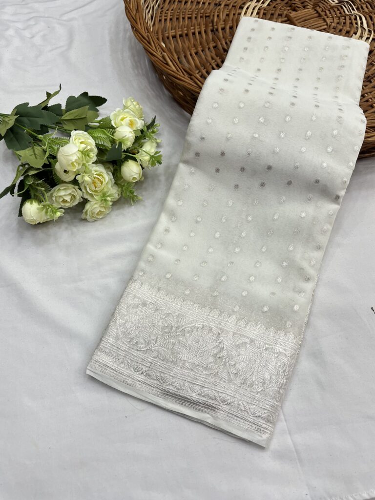 White Banarasi Chiffon Butti Khaddi Saree