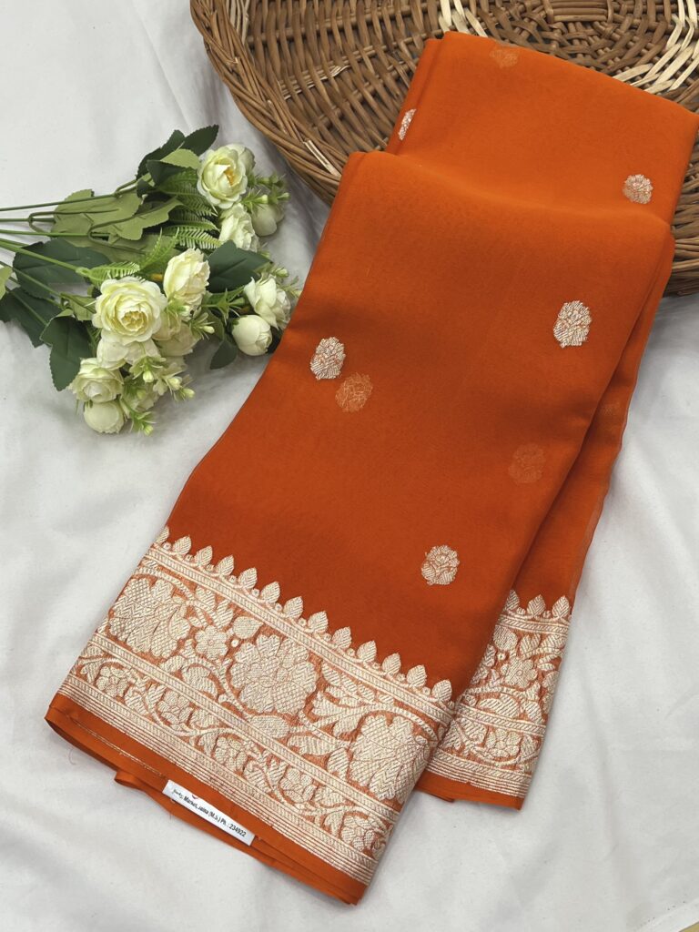Mustard Orange Banarasi Chiffon Khaddi Saree