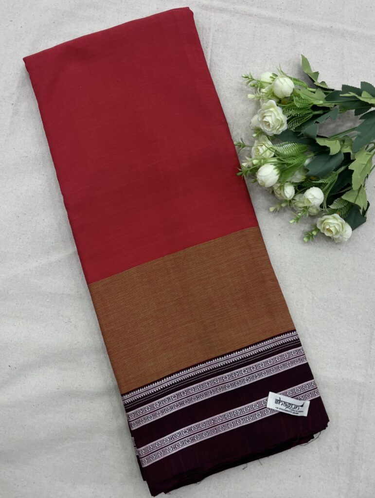 Dusty Red Maroon Stripe Gayathri Border lkal Cotton Saree