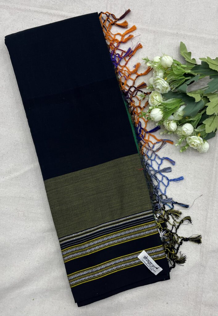 Black Stripe Gayathri Border lkal Cotton Saree