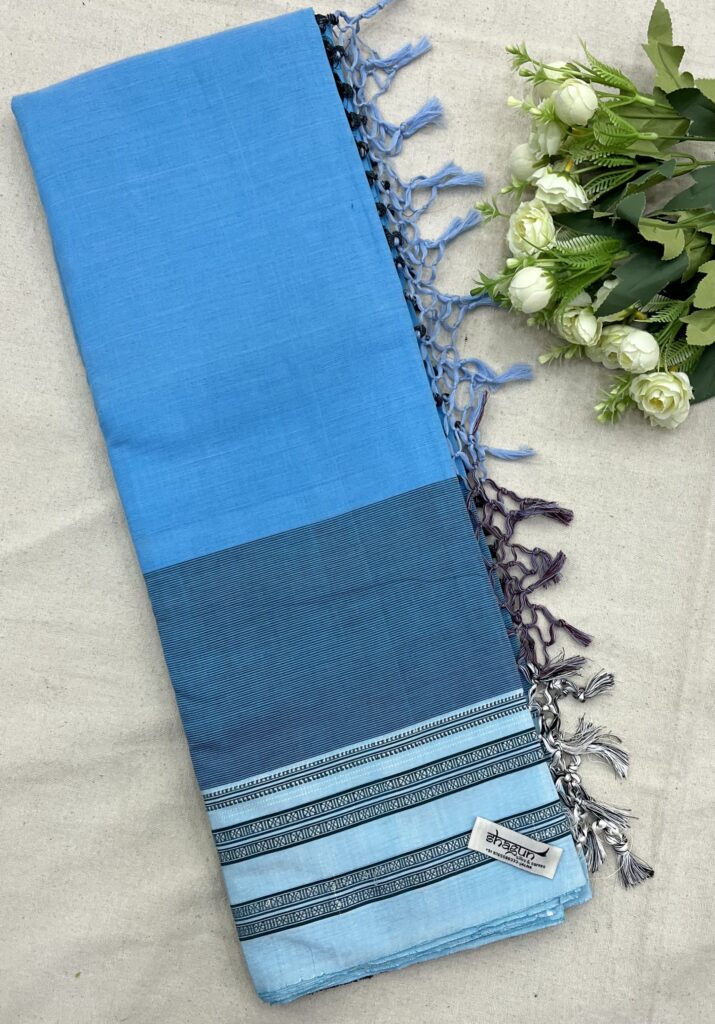 Sky Blue Stripe Gayathri Border lkal Cotton Saree