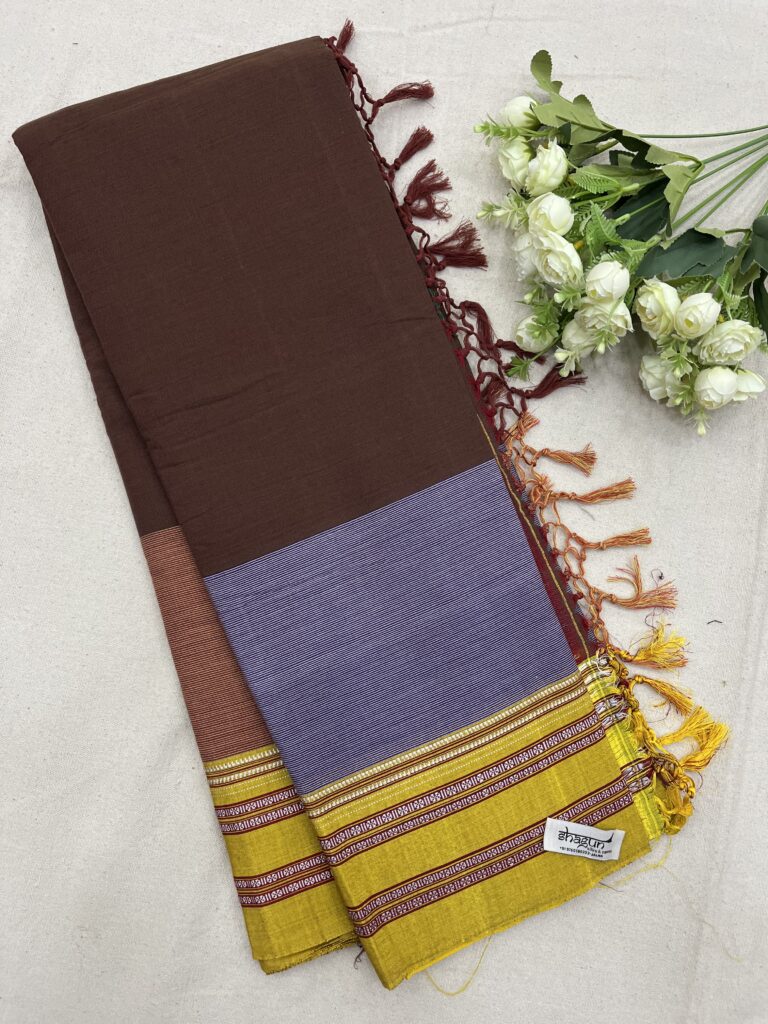 Brown Yellow Stripe Gayathri Border lkal Cotton Saree