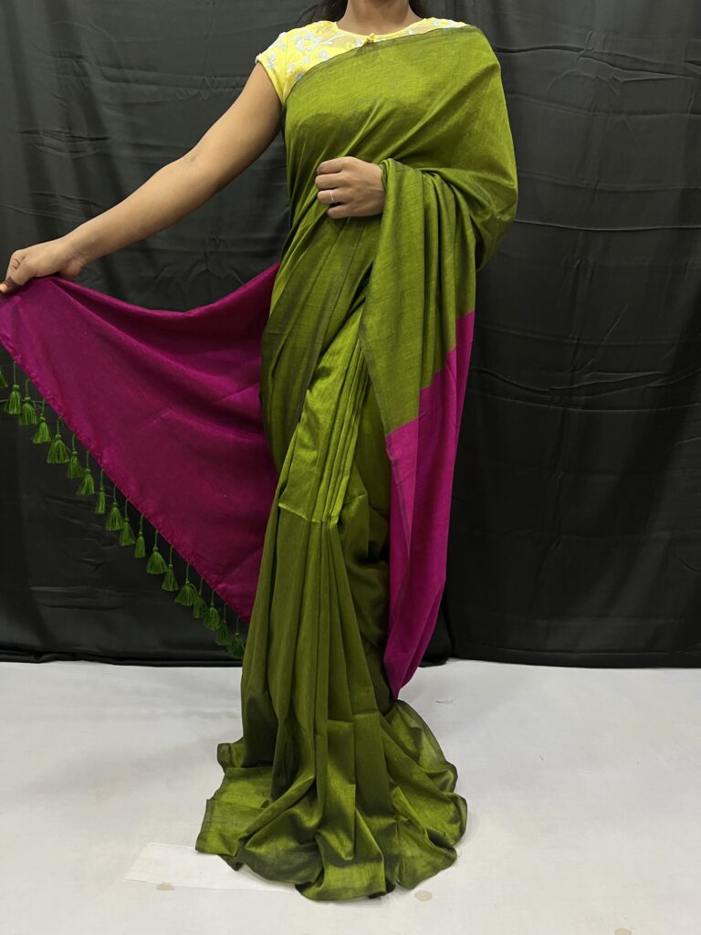 Olive Rose Silk Cotton Acrylic Mulmul Saree