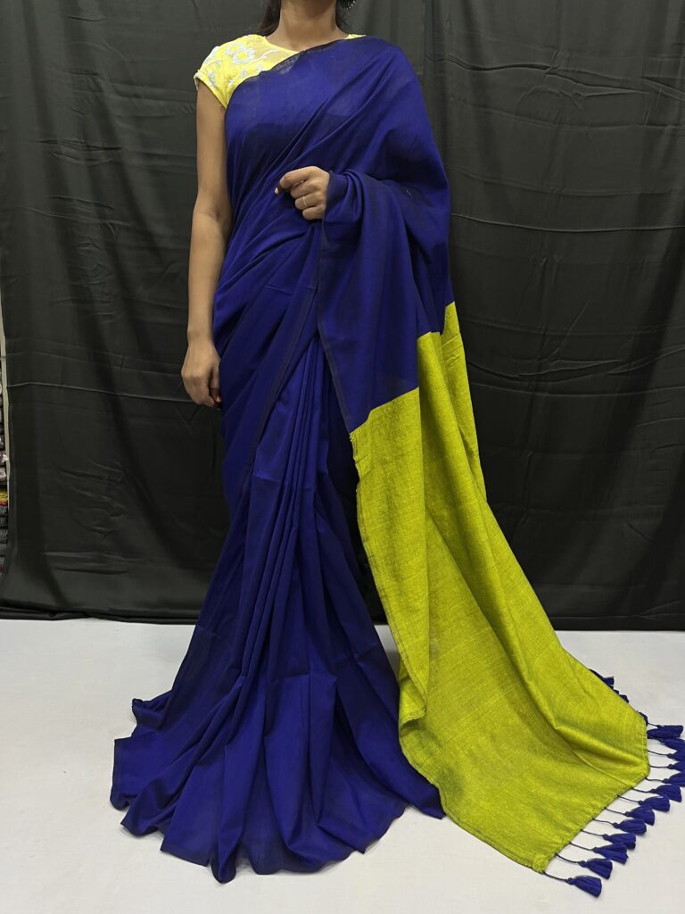 Neon Blue Silk Cotton Acrylic Mulmul Saree