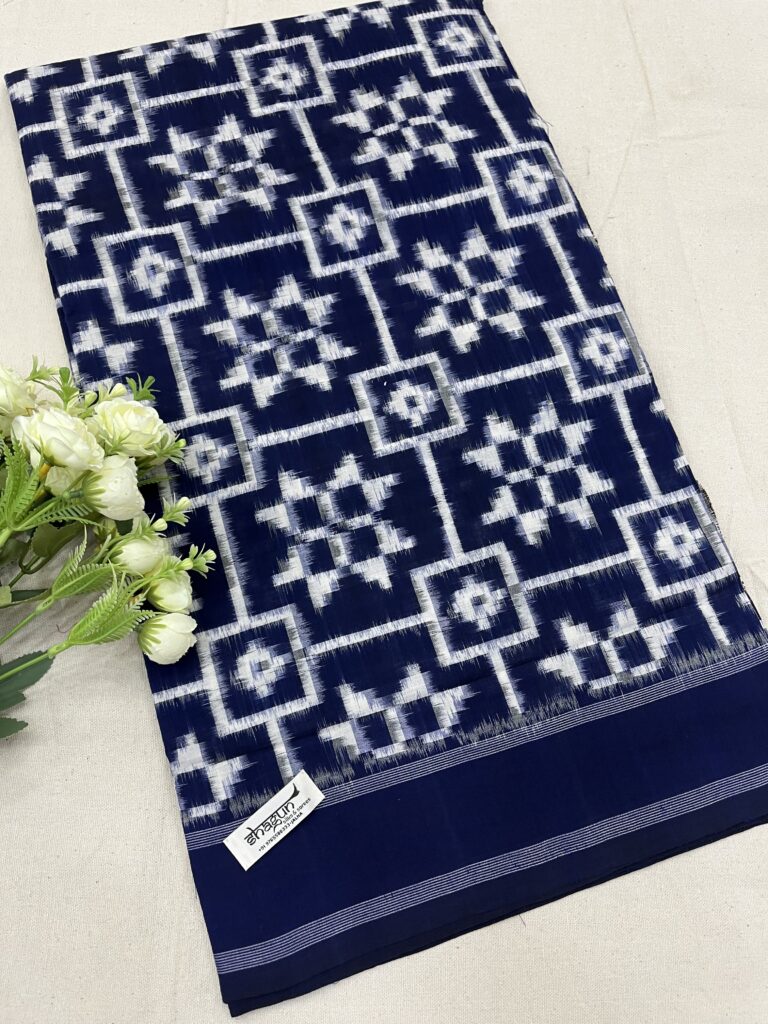 Navy Blue White Telia Rumal Cotton Saree