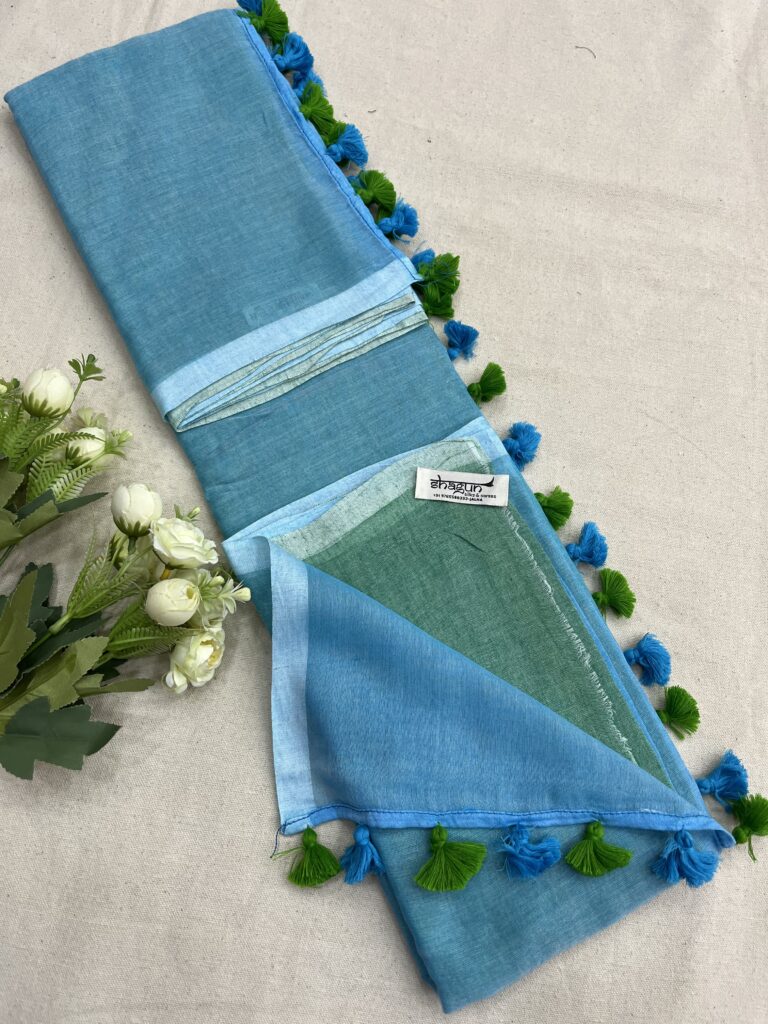 Blue Green Half N Half Mulmul Saree