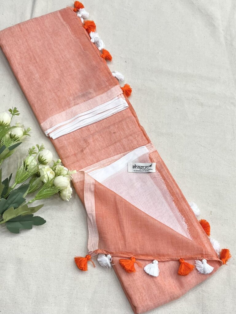 Orange White Half N Half Mulmul Saree