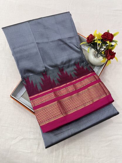 Ilkal Silk Saree in Grey and Pink with Gold Zari Pallu – Traditional Karnataka Weave