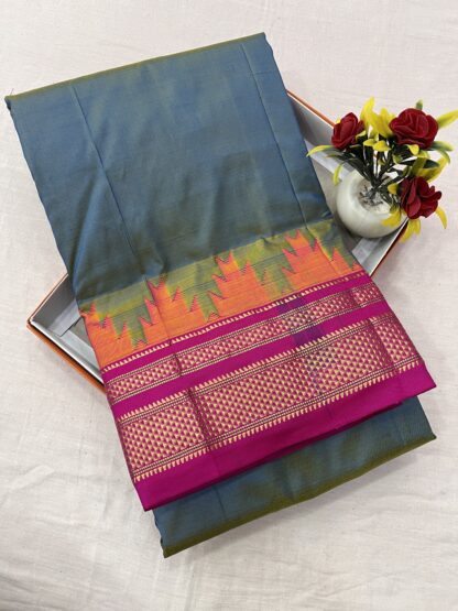 Ilkal Silk Saree in Fuchsia Blue and Pink with Gold Zari Pallu – Traditional Karnataka Weave